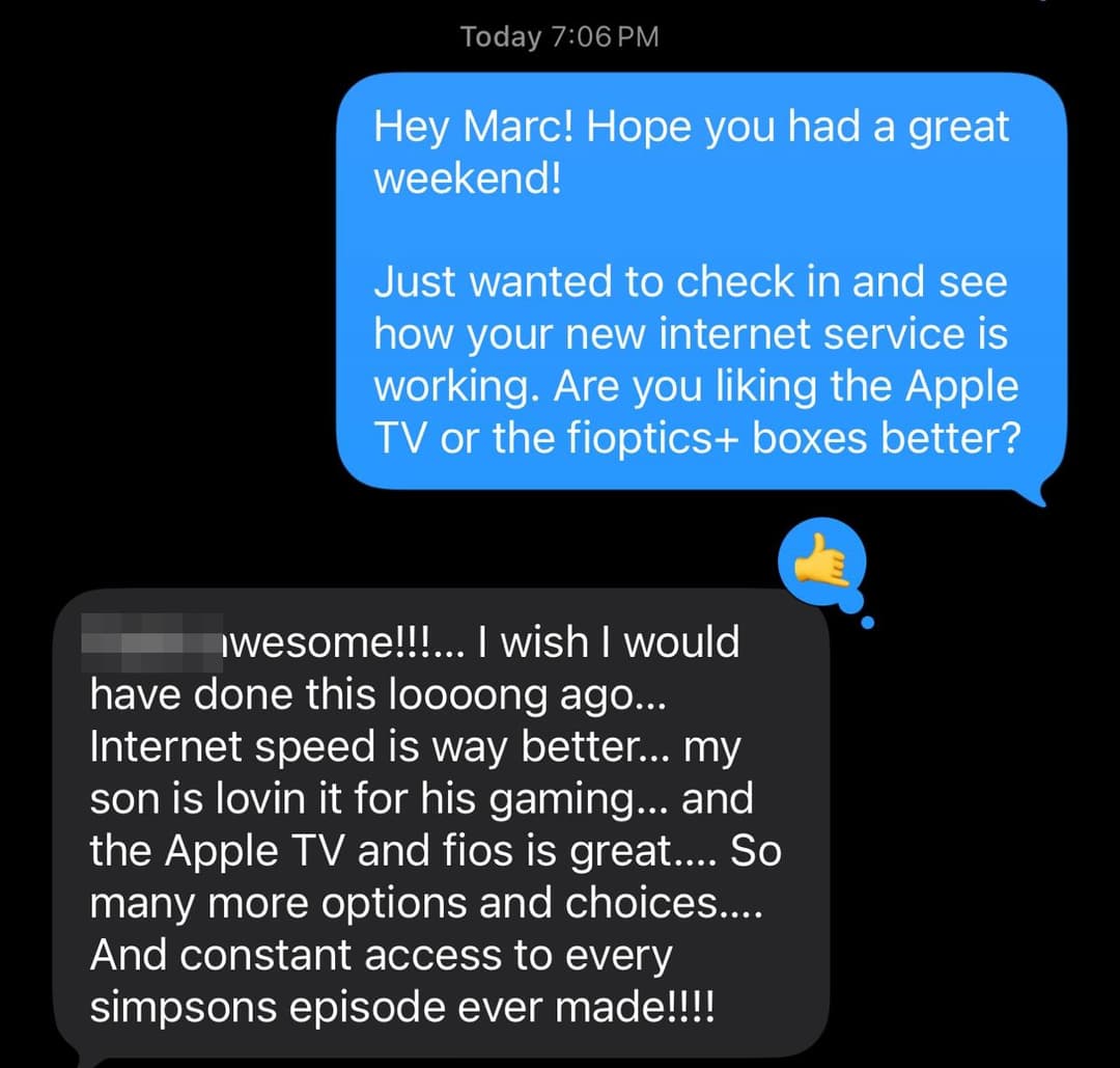 Marc from Honolulu: '[blurred] awesome!!! I wish I would have done this loooong ago... Internet speed is way better... my son is lovin it for his gaming...' — real customer text